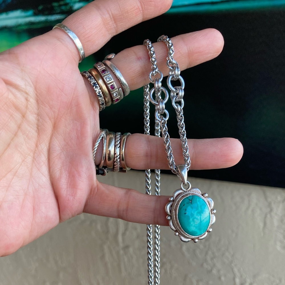 925 sterling silver turquoise charm on stainless steel chain necklace boho stone - Picture 10 of 15